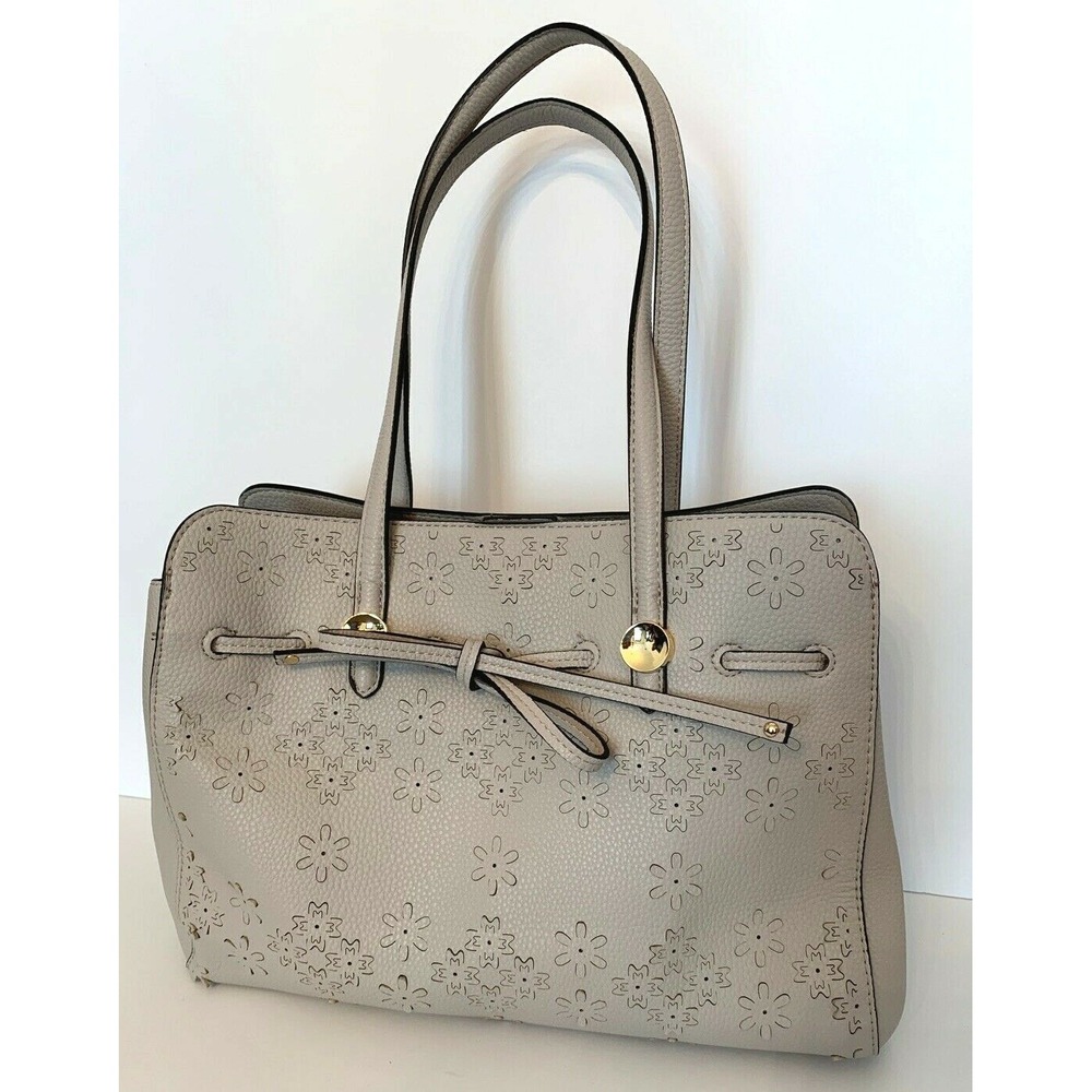 Nanette Lepore Faux Pebbled Leather Gray Handbag Tote Satchel Lasercut Flower De